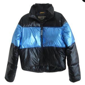 Juicy Couture Black Label Down Metallic Blue Black Colorblock Puffer Jacket M